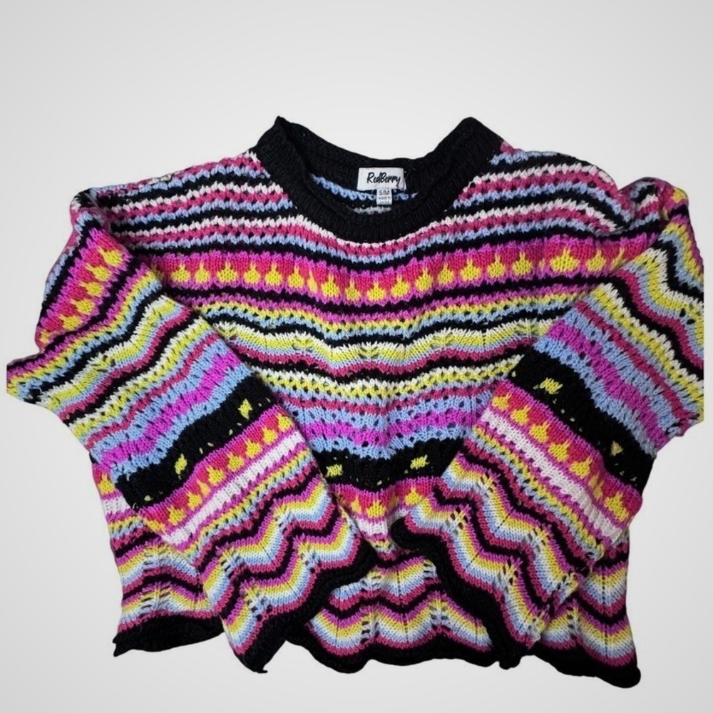 RedBerry Womens Multi Color Striped Knit Sweater Zig Zag Pointelle S/M